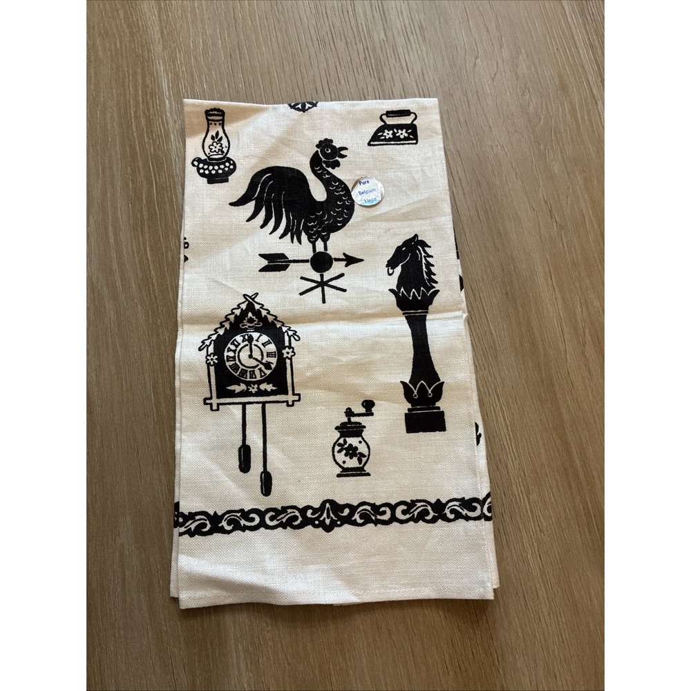 VTG Pure Belgium Linen Kitchen Tea Towel Cream & Black Cottagecore 16x29"